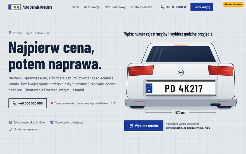 Strona testowa: warsztat samochodowy, Auto Serwis Kreślarz