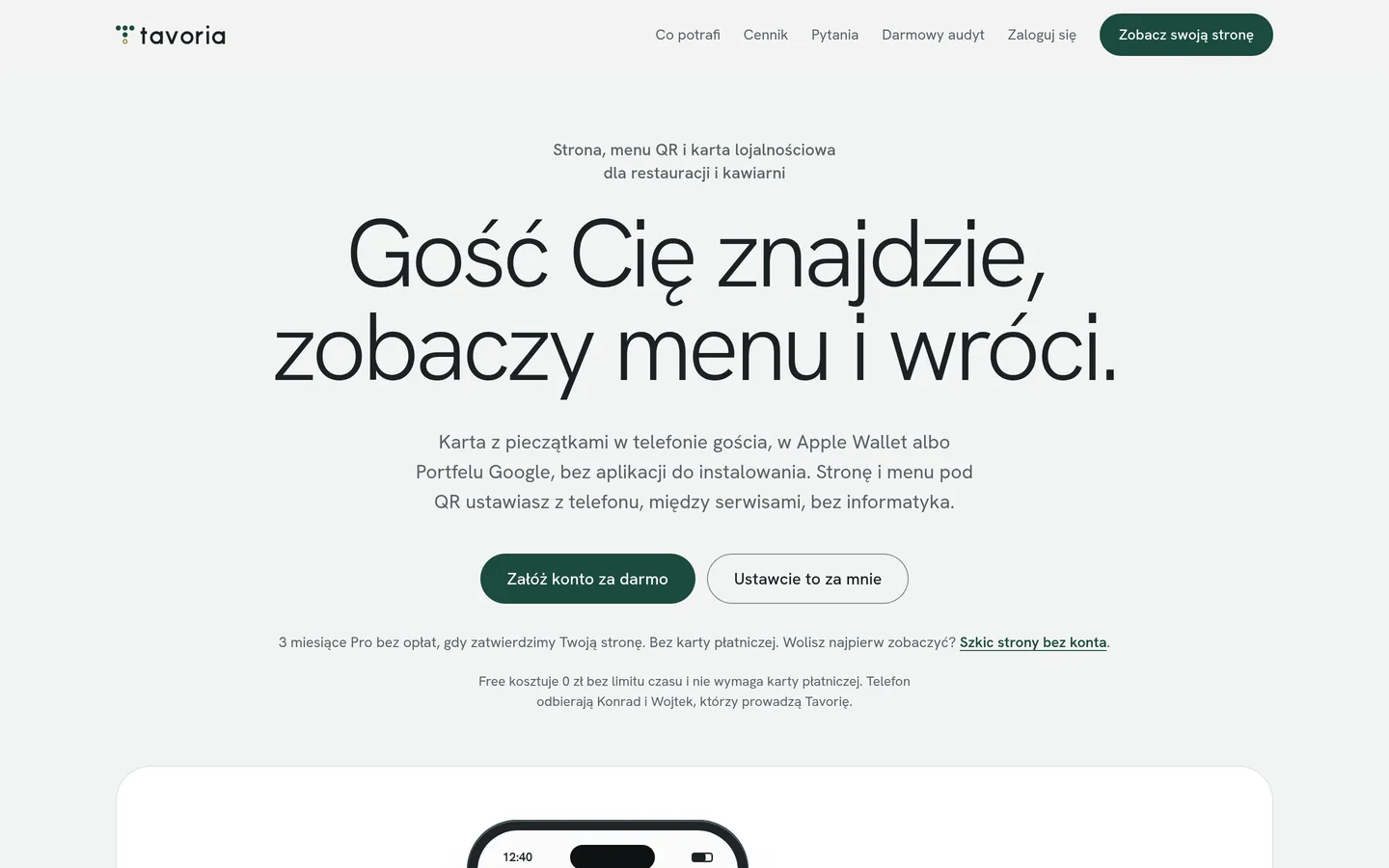 Strona główna Tavorii: strona, menu QR i karta lojalnościowa dla restauracji
